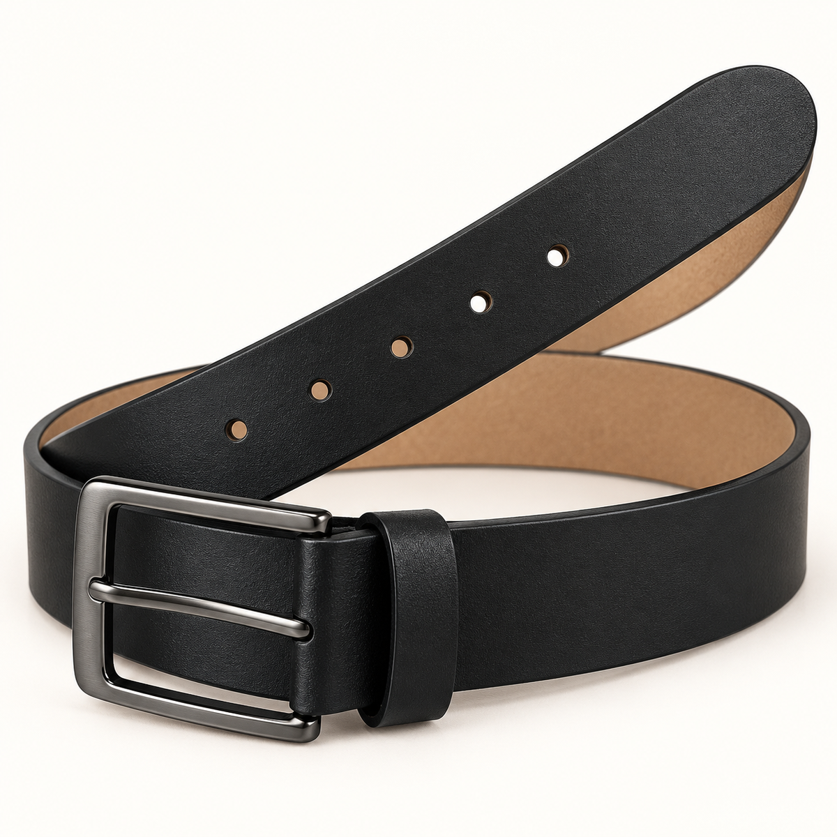 Black belt in an angled coiled view with a raised rounded tip, round adjustment holes, tan backing, matching keeper and gunmetal-tone pin buckle.
