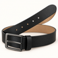 Black belt in an angled coiled view with a raised rounded tip, round adjustment holes, tan backing, matching keeper and gunmetal-tone pin buckle.