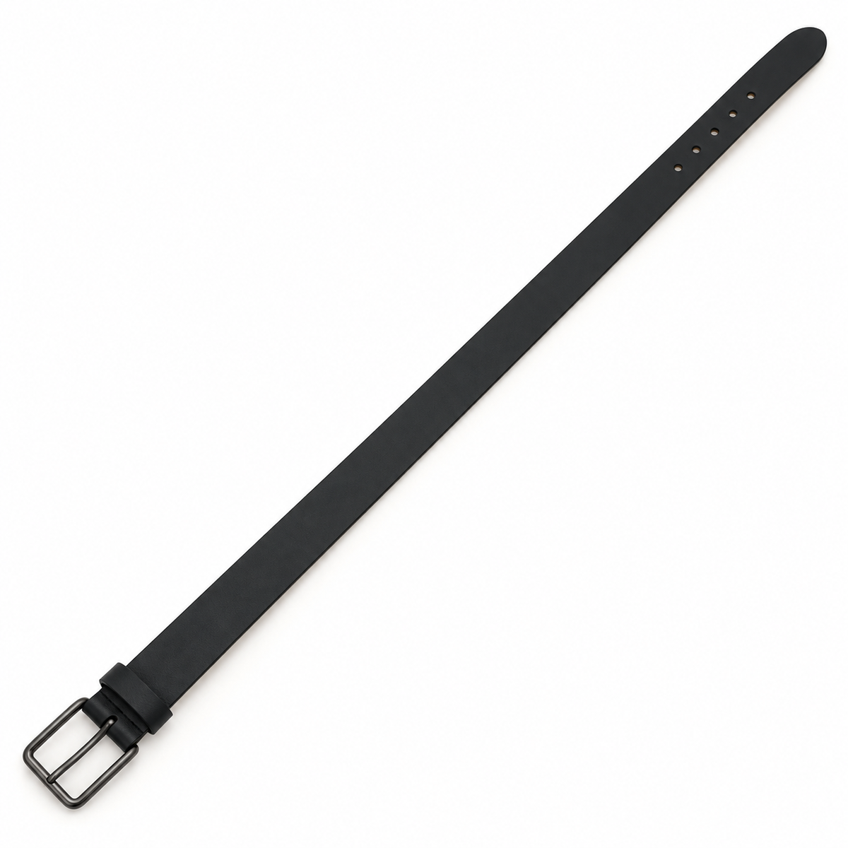Full-length overhead view of a black belt laid diagonally, with a rounded end, row of round adjustment holes, black keeper and gunmetal-tone pin buckle.