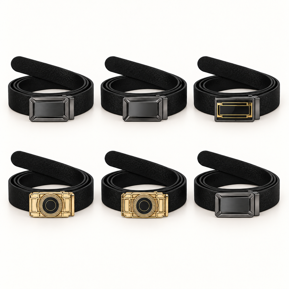 Six coiled black textured belts arranged in two rows, showing assorted rectangular plate buckles in dark silver-tone, black and gold-tone designs.