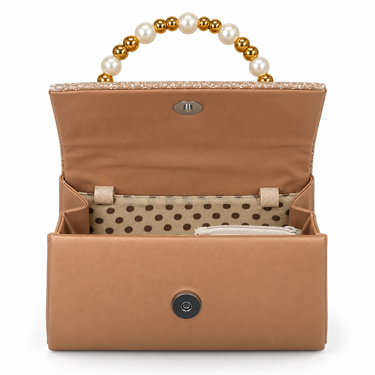 Open tan evening handbag viewed from above, showing beige lining with brown dots, a small zip pocket, folded sides, round snap and beaded top handle.