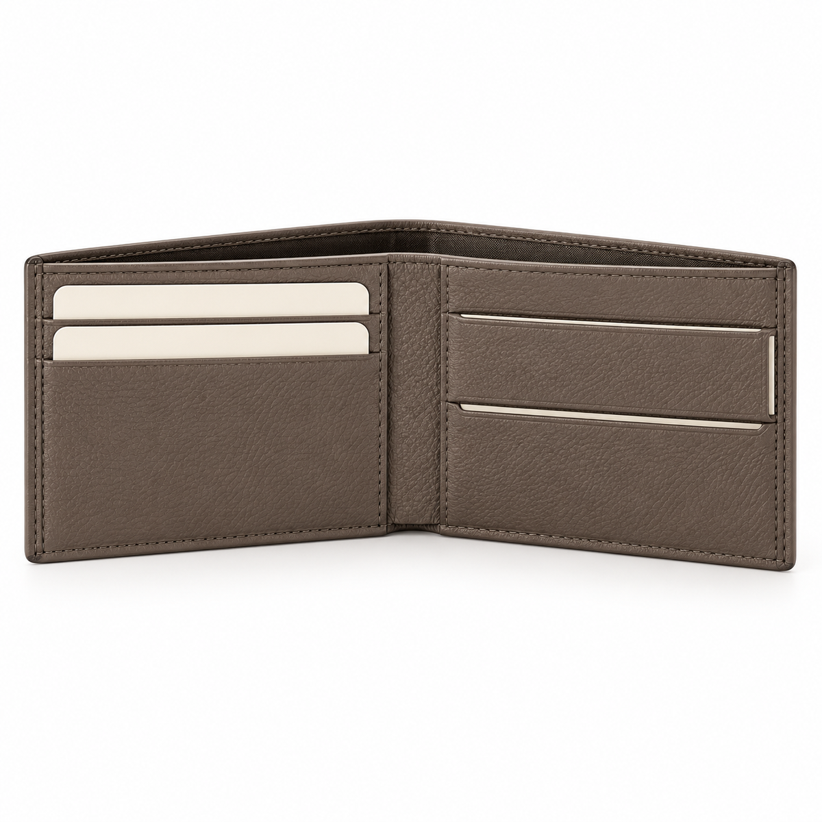 Open taupe bifold wallet viewed from the front, showing horizontal card slots with light inserts, a long upper note section and stitched edges.