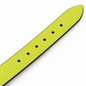 Diagonal close-up of a neon yellow belt tip, showing a plain fine-textured surface, black edges, rounded pointed end and a row of round adjustment holes.