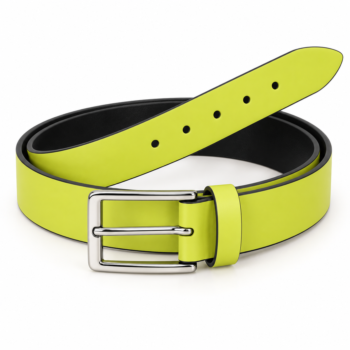 Coiled neon yellow belt in three-quarter view, displaying a silver-tone pin buckle, yellow keeper loop, black inner surface and raised tip with round holes.