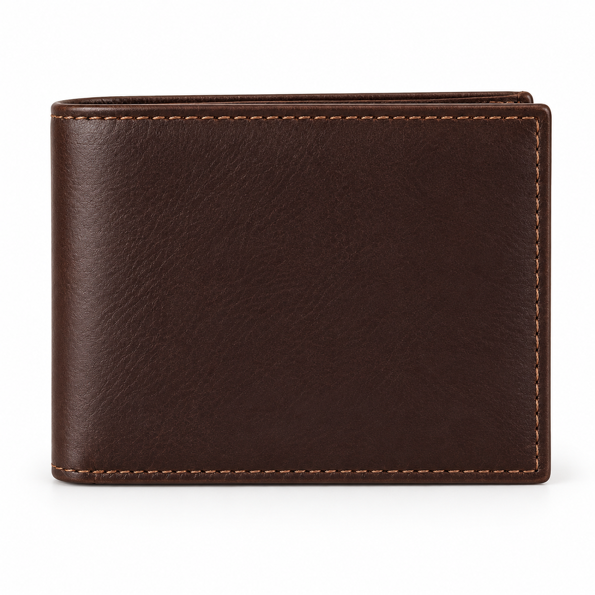Dark brown bifold wallet in a straight-on exterior view with a subtle grained surface, rounded fold and tan contrast stitching along the edges.
