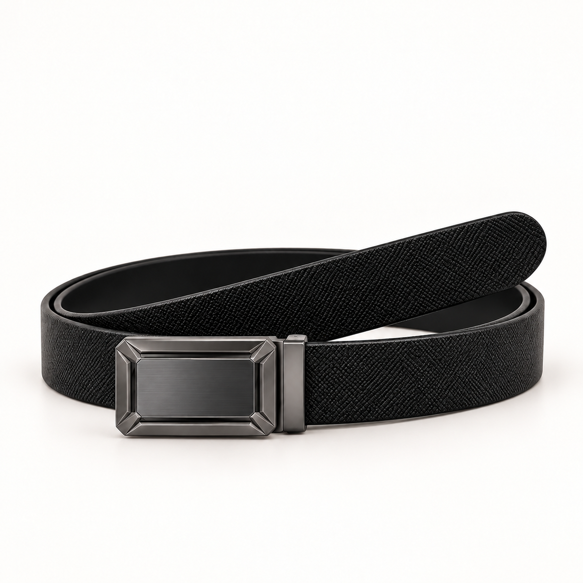 Black belt shown coiled at a slight angle with a crosshatched surface, rounded strap tip and gunmetal-tone rectangular buckle with a brushed centre.