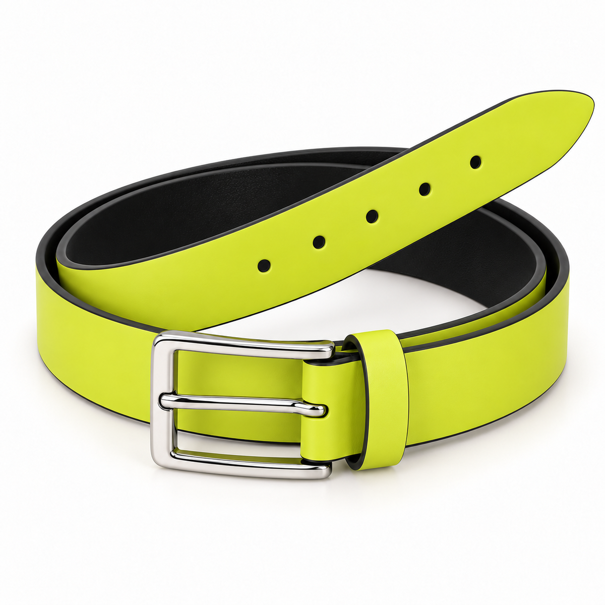 Neon yellow belt shown coiled at an angle with black backing and edges, round adjustment holes, matching keeper loop and silver-tone rectangular pin buckle.