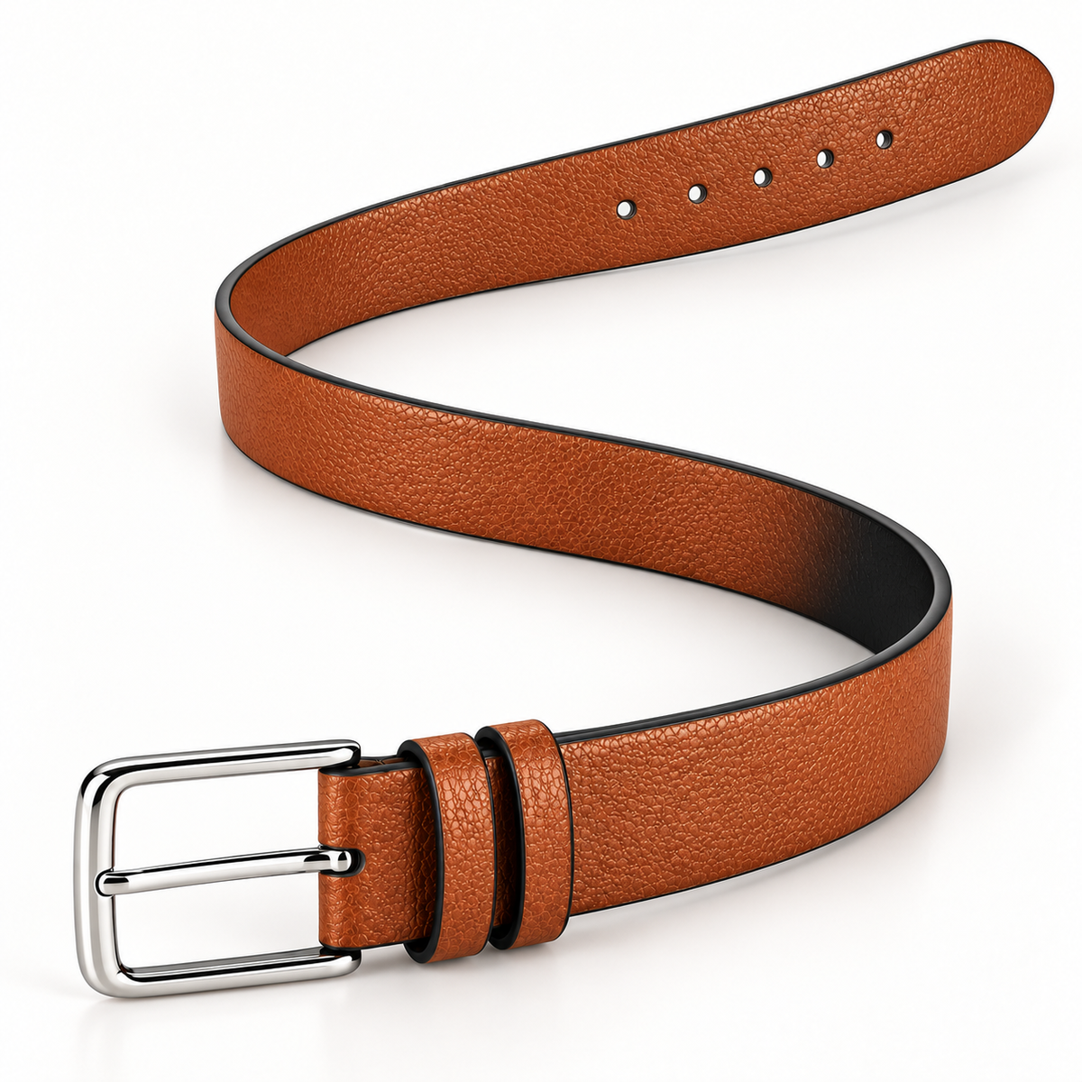 Tan textured belt arranged in an S-shaped curve from an elevated angle, showing a silver-tone pin buckle, twin keeper loops, round holes and rounded tip.
