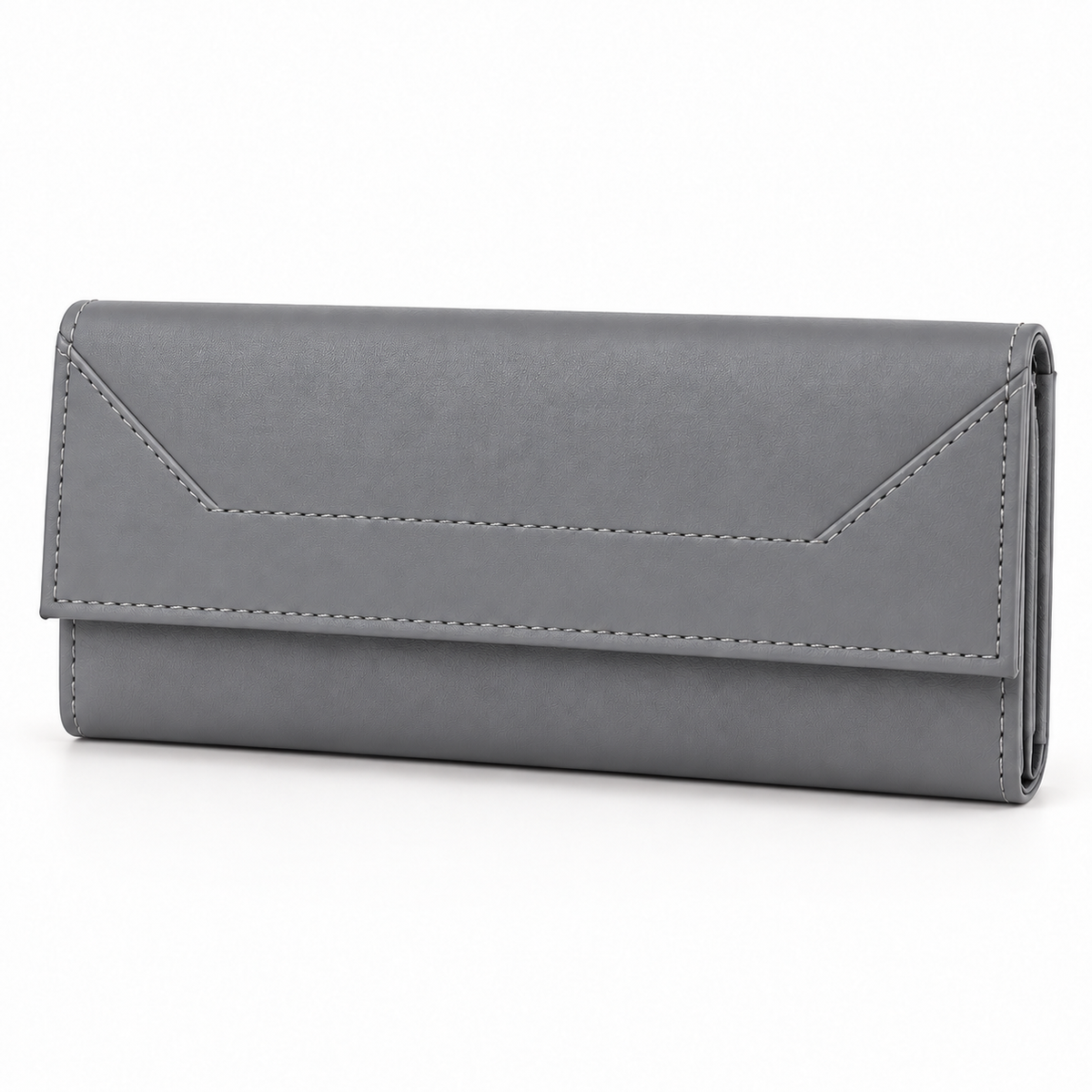 Grey envelope-style long wallet in three-quarter front view with a fine-textured surface, light contrast stitching and neatly outlined flap edges.