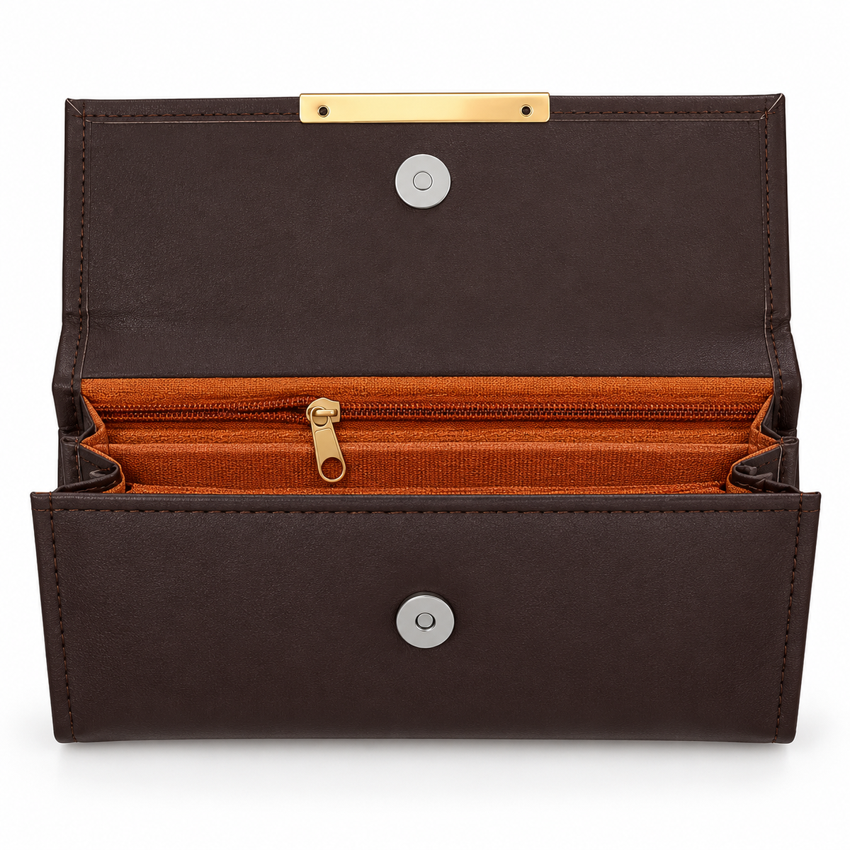 Open dark brown long wallet viewed from above, showing an orange zippered section, accordion side folds, round silver-tone snaps and gold-tone trim.