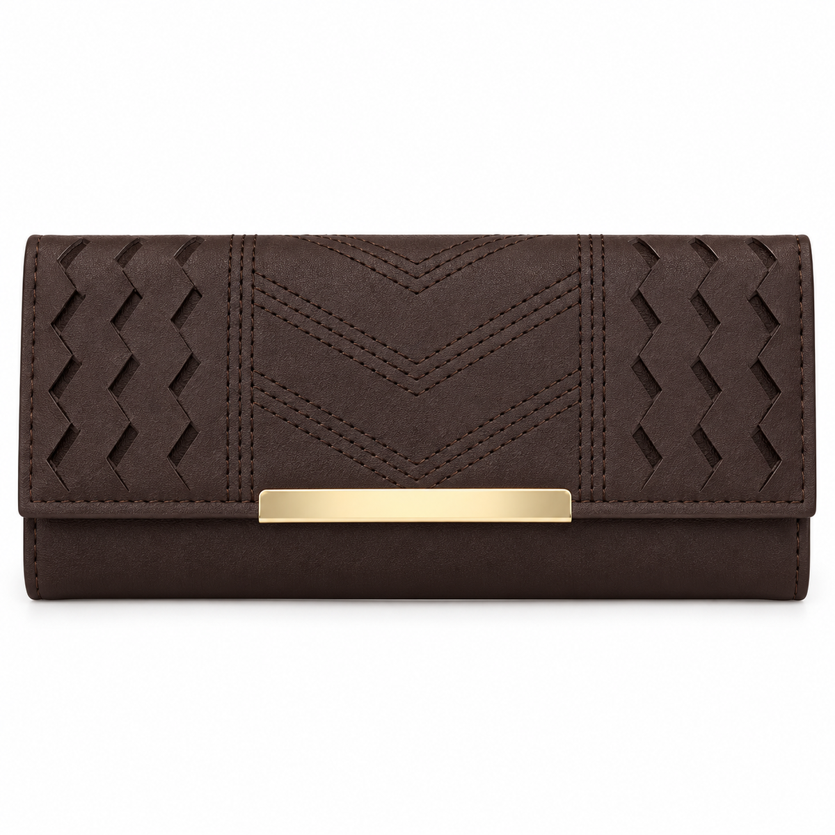 Dark brown flap wallet shown closed from the front, with chevron stitching, zigzag cutout panels, stitched borders and a gold-tone rectangular bar.