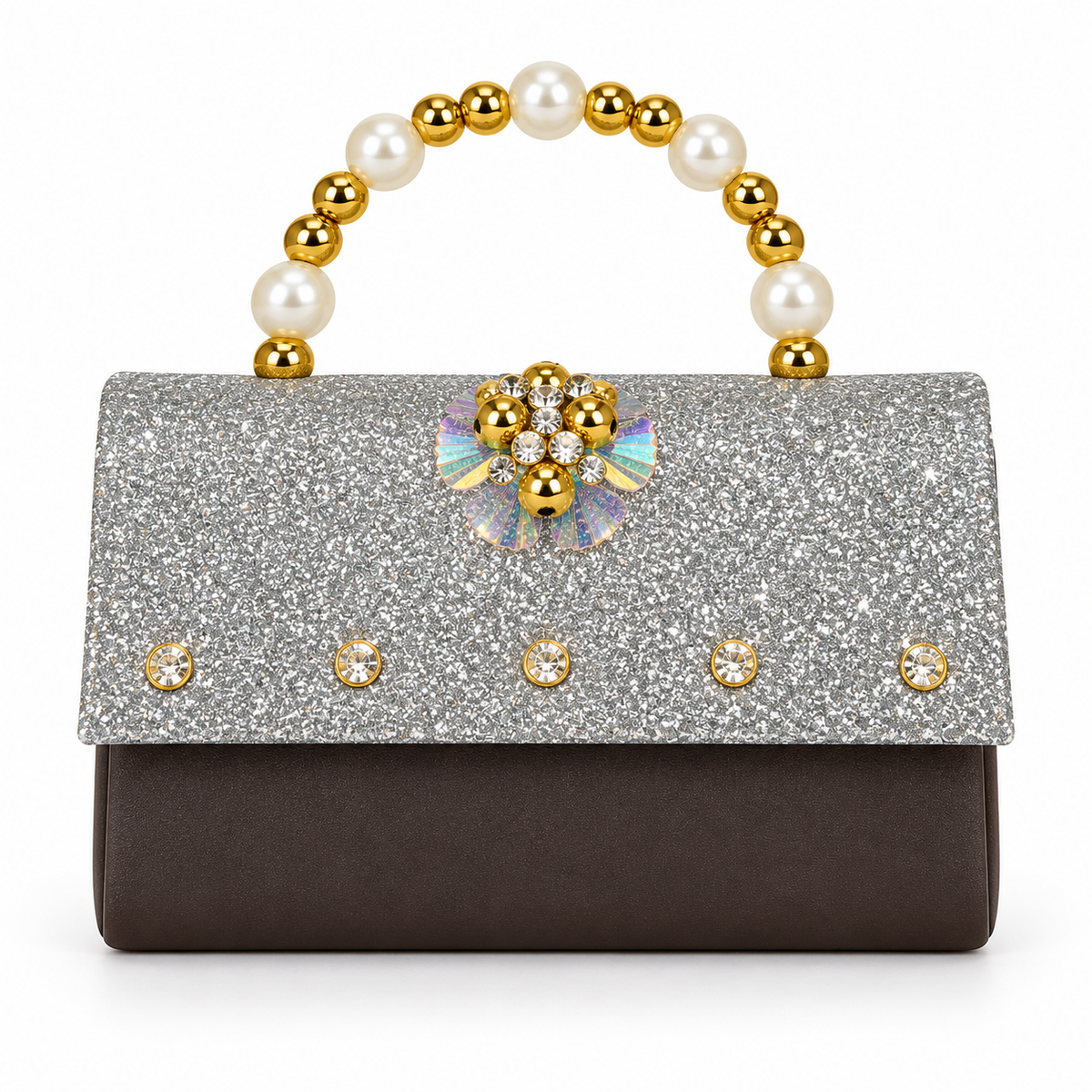 Dark brown evening handbag in front view with a silver glitter flap, gold-tone and clear stone embellishments, and cream pearl-like beaded handle.