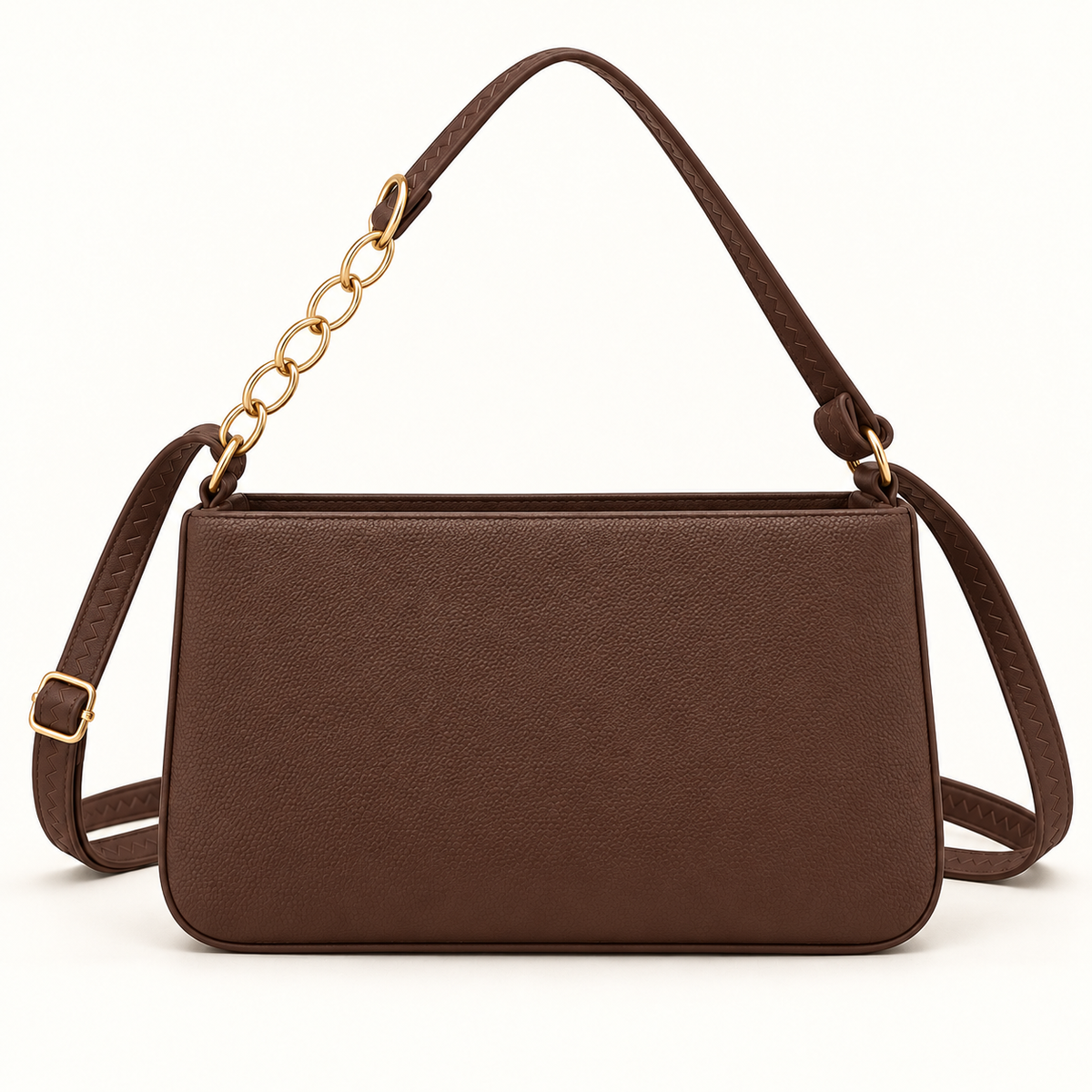 Straight-on view of a brown shoulder bag with a pebbled rectangular body, piped edges, gold-tone oval chain links and a long strap with a buckle.
