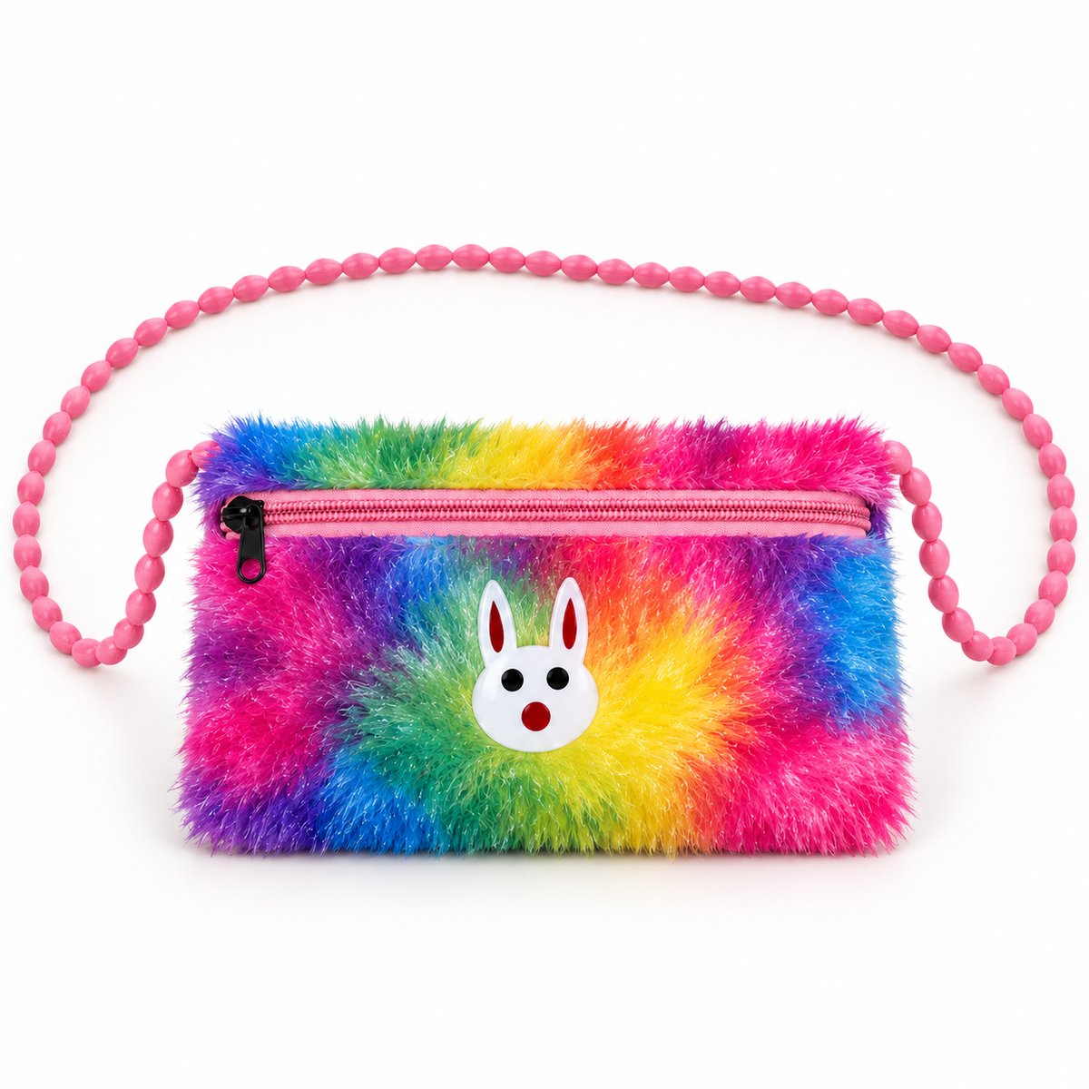 Rainbow-coloured fuzzy shoulder pouch in front view, with pink, purple, blue, green and yellow patches, a white rabbit face, pink zipper and beaded strap.