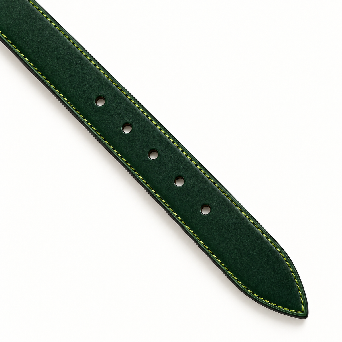Overhead close-up of the dark green belt tip, showing five round holes, a pointed end, subtle surface texture and contrasting light green stitching.