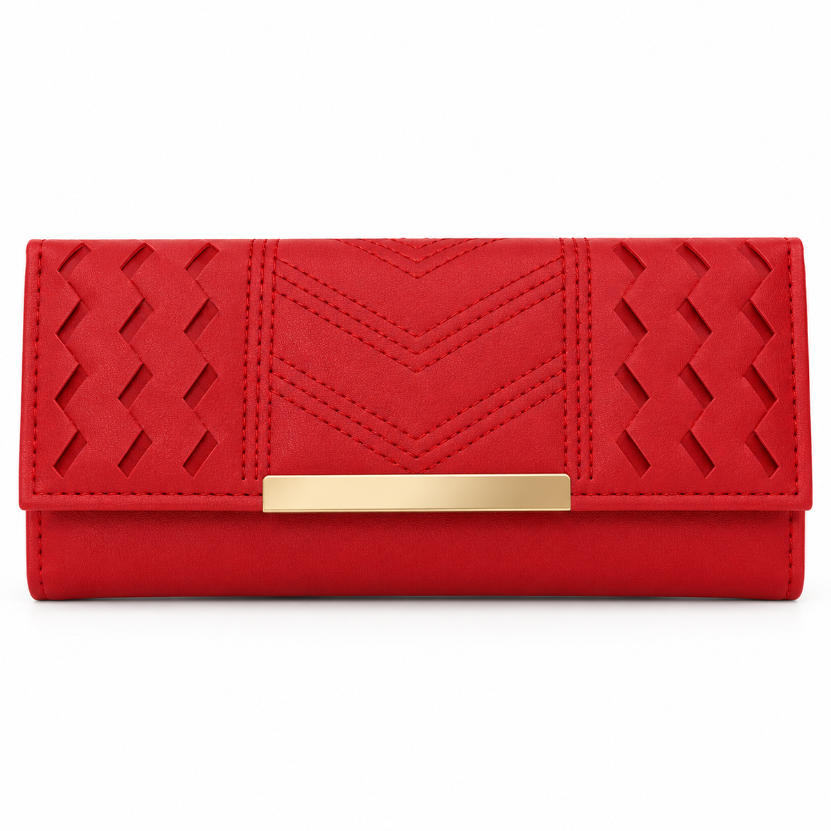 Red long flap wallet in front view with zigzag cutout side panels, central chevron stitching, a fine-textured surface and rectangular gold-tone bar.