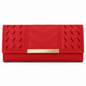 Red long flap wallet in front view with zigzag cutout side panels, central chevron stitching, a fine-textured surface and rectangular gold-tone bar.