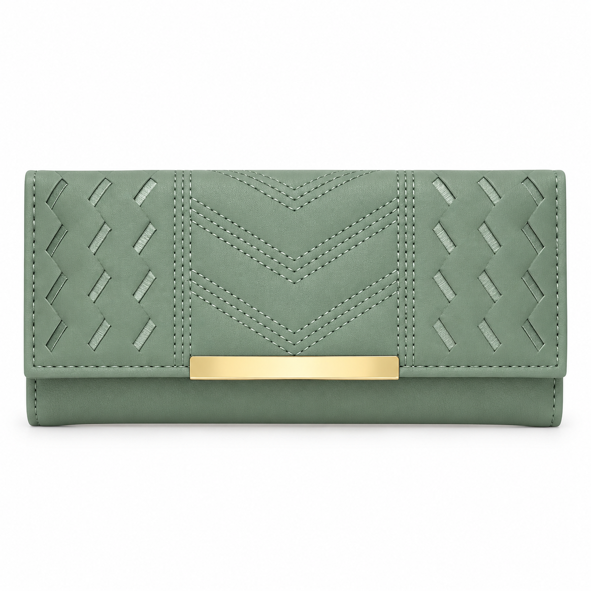 Sage green long wallet in front view, displaying zigzag cutout side panels, light contrast chevron stitching and a rectangular gold-tone flap detail.