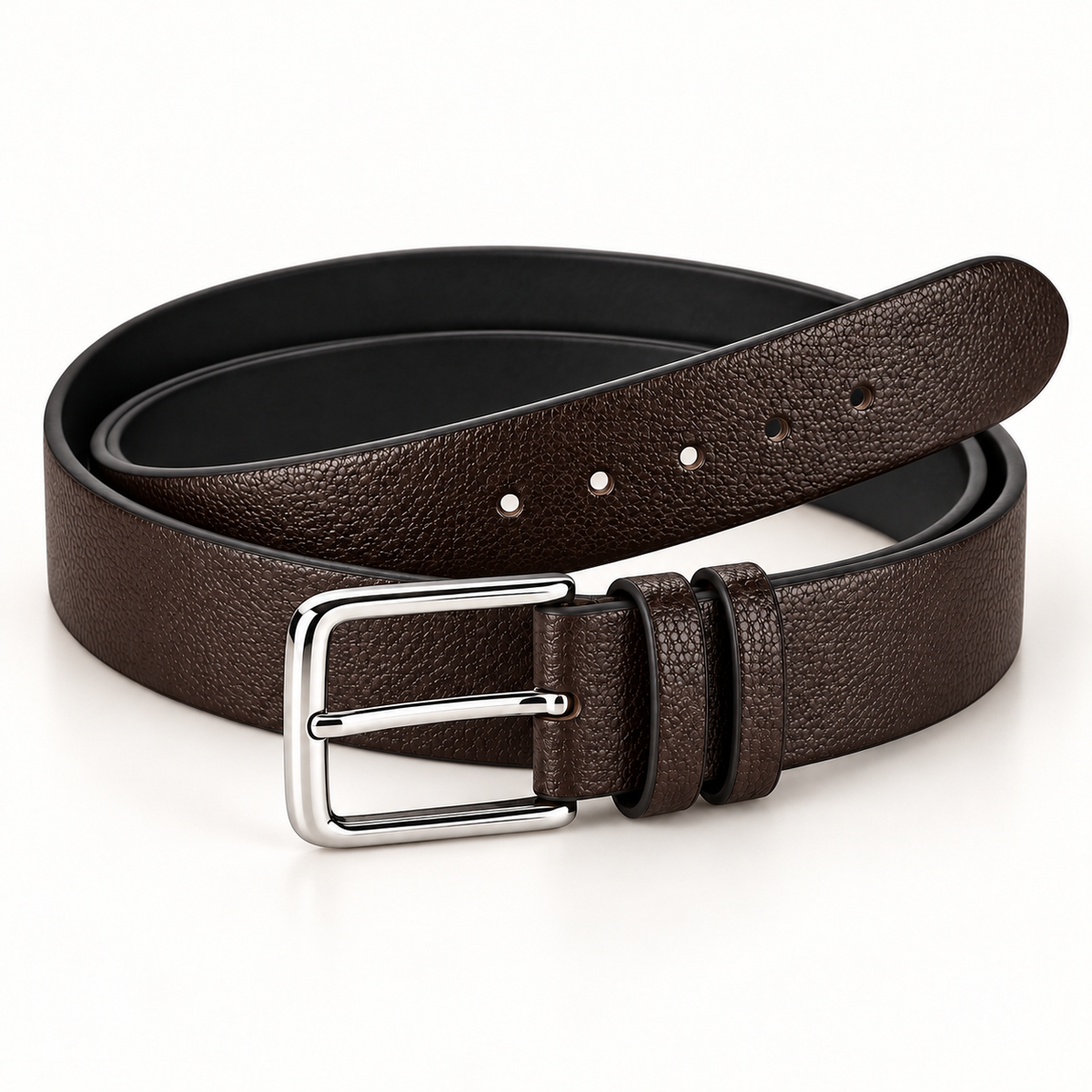 Dark brown formal belt shown coiled at an angle, with a pebbled surface, silver-tone rectangular pin buckle, twin keepers and a rounded strap end.
