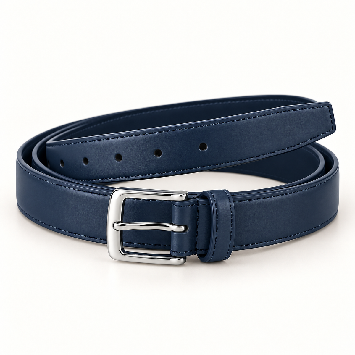 Navy blue belt shown coiled with a silver-tone rectangular buckle, single prong, matching keeper loop, stitched borders and visible adjustment holes.