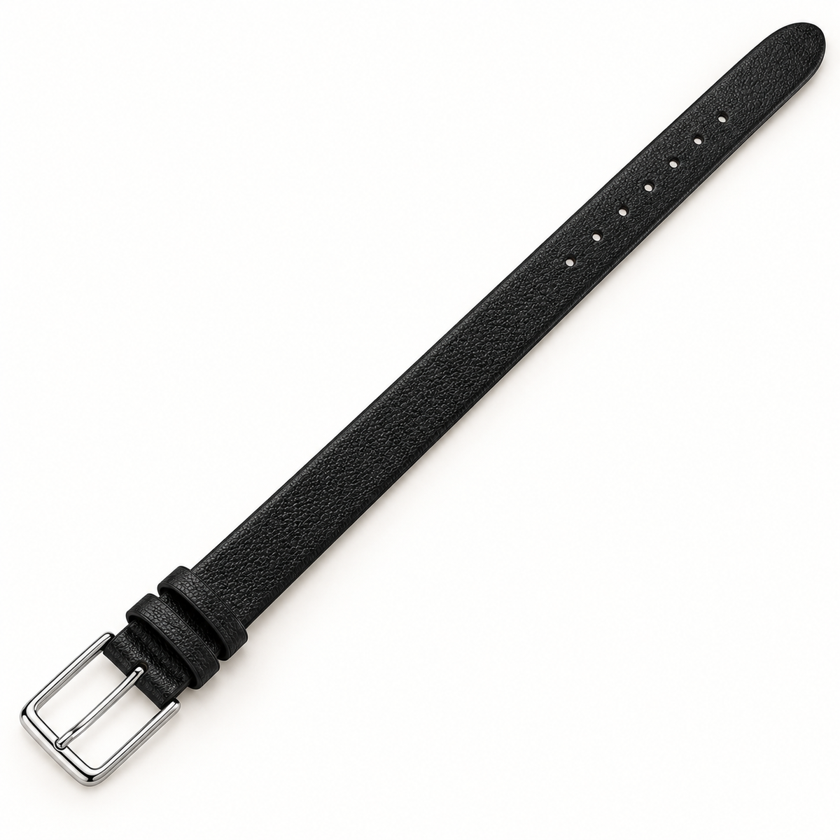 Black textured formal belt laid flat diagonally in an overhead view, showing its full strap, rounded tip, round holes, twin keepers and silver-tone buckle.