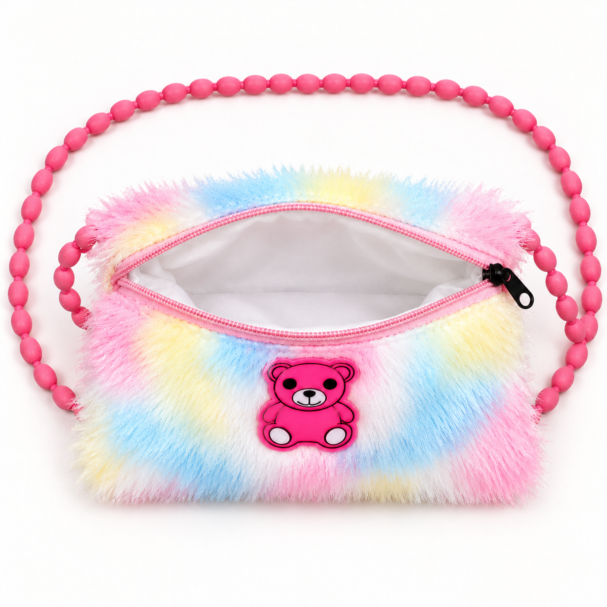 Pastel pink, blue, yellow and white fuzzy shoulder pouch viewed open from above, showing white lining, a pink teddy bear detail and pink beaded strap.