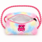 Pastel pink, blue, yellow and white fuzzy shoulder pouch viewed open from above, showing white lining, a pink teddy bear detail and pink beaded strap.