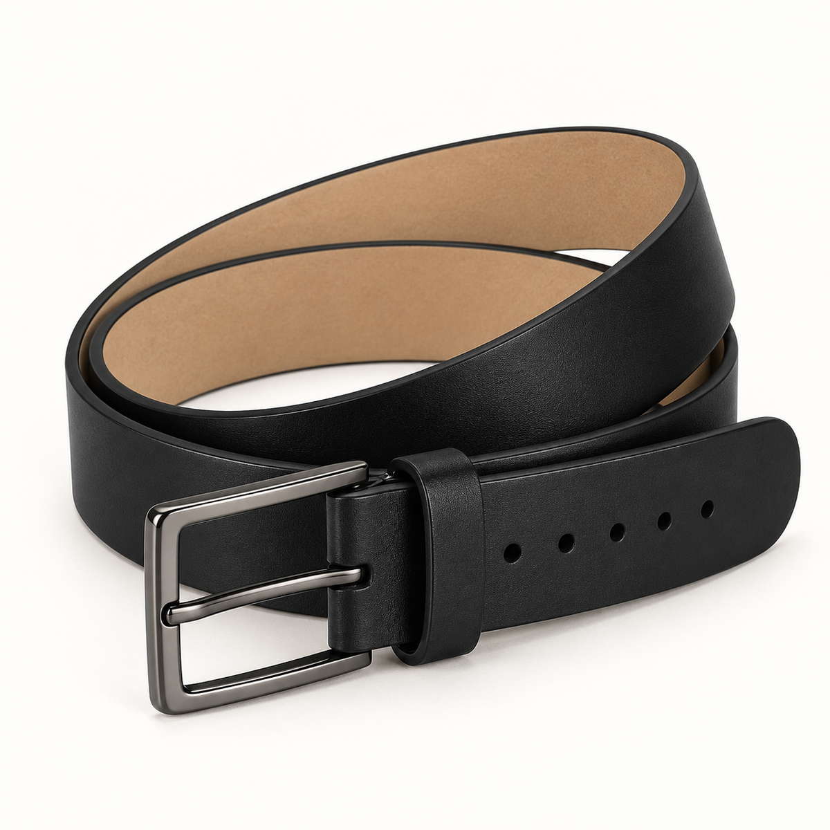 Black belt shown coiled at a three-quarter angle with its perforated tip across the front, tan backing, matching keeper and gunmetal-tone pin buckle.