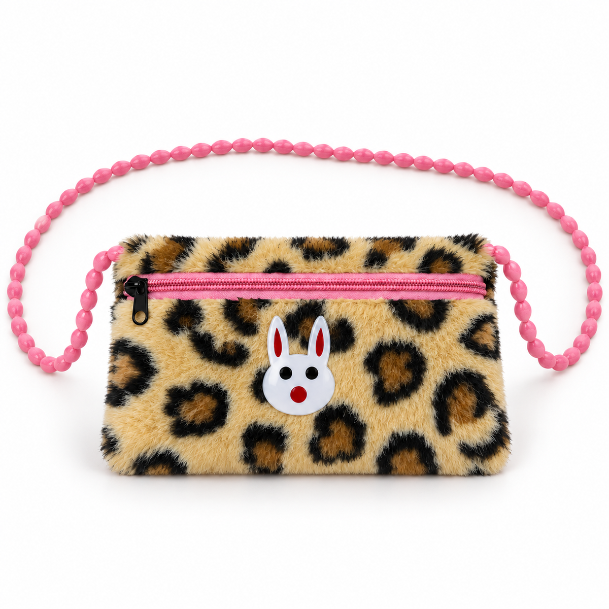Beige shoulder pouch with black and brown leopard spots shown from the front, featuring a fuzzy finish, white rabbit detail, pink zipper and beaded strap.