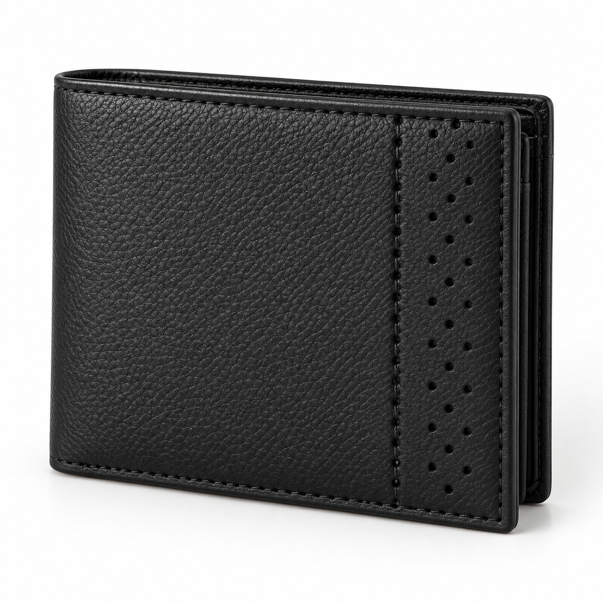 Black bifold wallet in an angled exterior view, featuring a pebbled texture, stitched edges and a vertical panel with rows of round perforations.