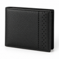 Black bifold wallet in an angled exterior view, featuring a pebbled texture, stitched edges and a vertical panel with rows of round perforations.