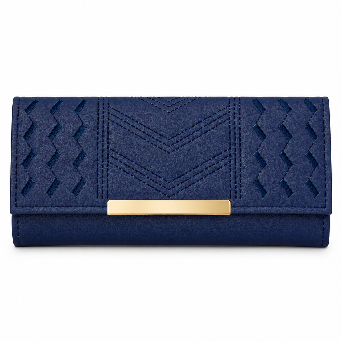 Navy blue rectangular wallet shown from the front, featuring zigzag cutout panels, matching chevron stitching and a gold-tone bar along the flap edge.