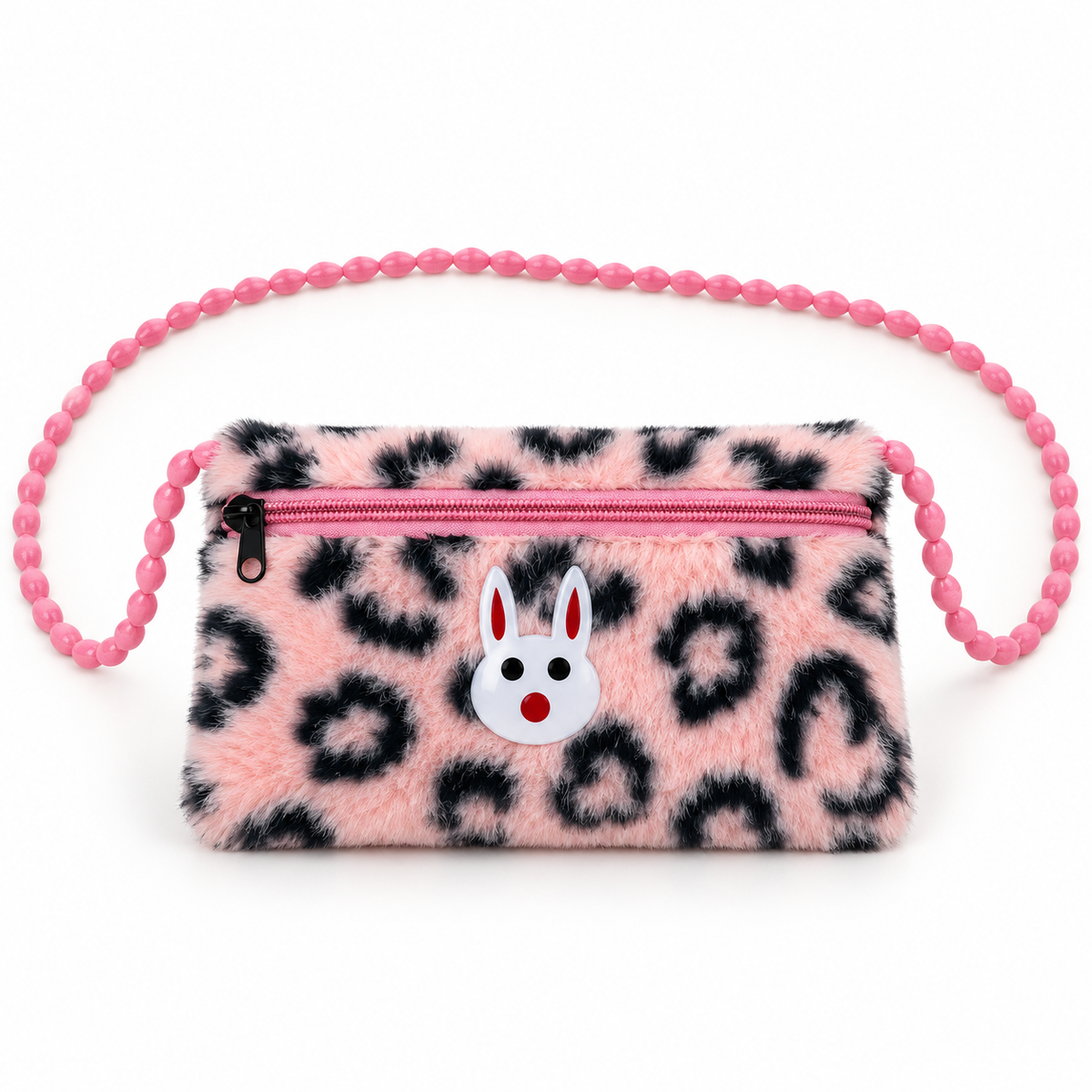 Pink and black leopard-pattern shoulder pouch viewed straight on, with a fluffy texture, white rabbit face ornament, pink beaded strap and black zip pull.