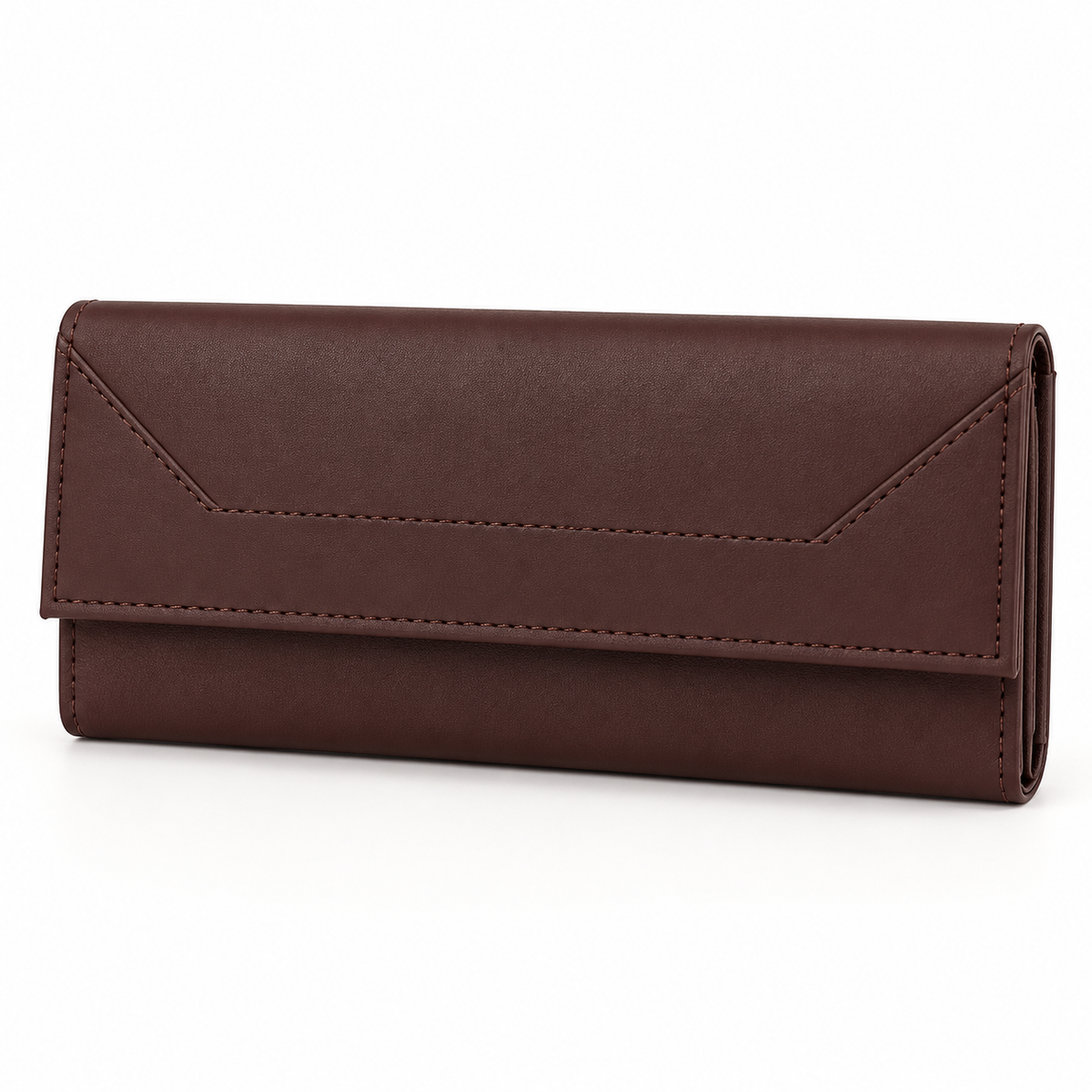 Brown long flap wallet viewed from the front at an angle, showing a subtle grained texture, angular stitched panel and layered folded side profile.