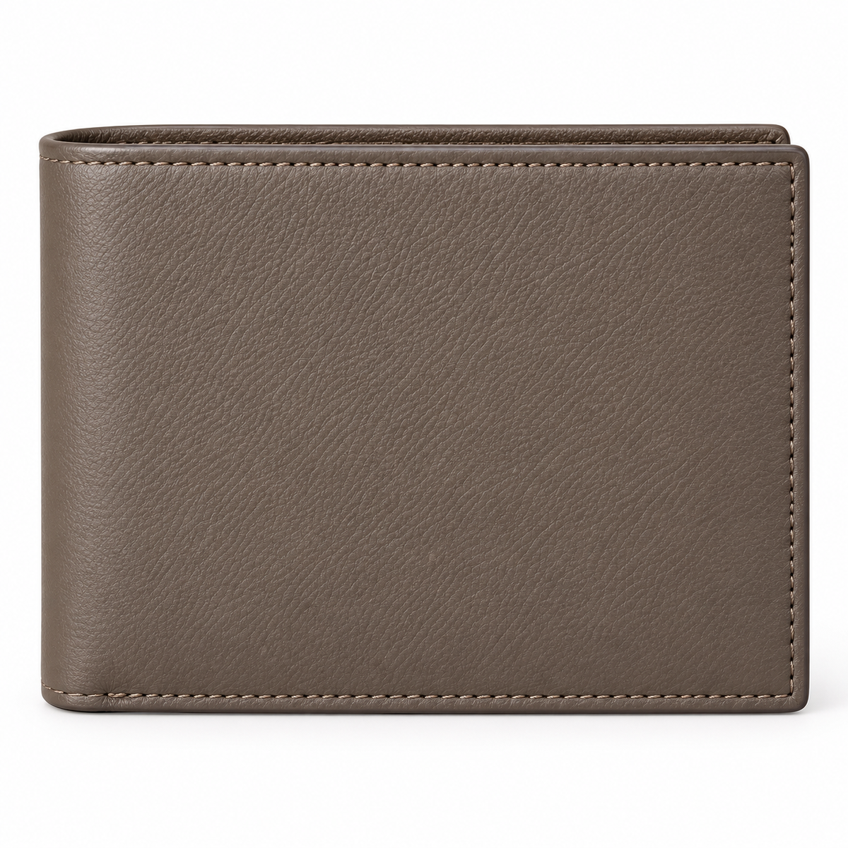 Taupe bifold wallet shown closed from the front, featuring a plain grained exterior, rounded fold and light contrast stitching around the edges.