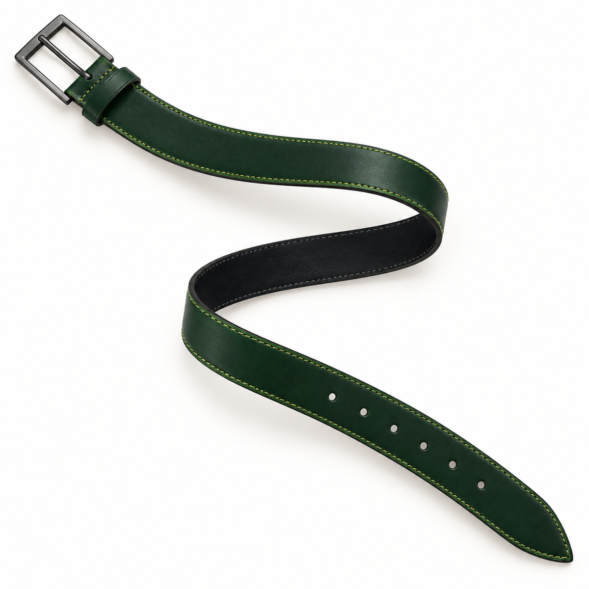 Dark green belt arranged in an S-shaped curve from above, showing its black underside, rectangular pin buckle, contrast stitching and pointed strap tip.