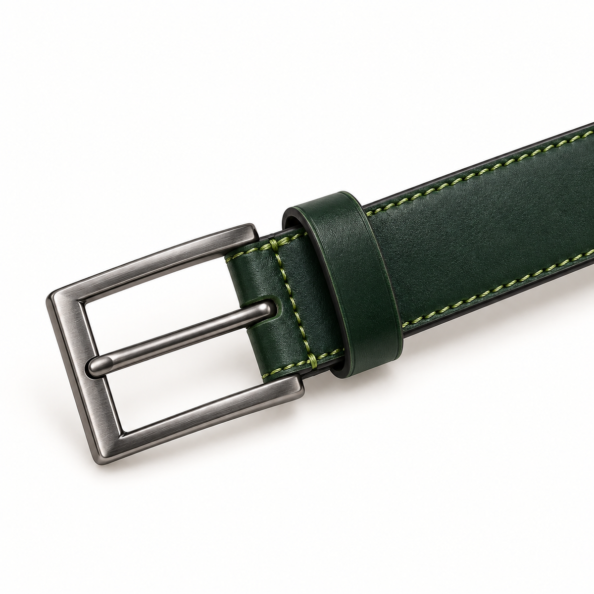 Angled buckle close-up of a dark green belt, highlighting the brushed dark silver-tone rectangular frame, pin, matching keeper and light green stitching.