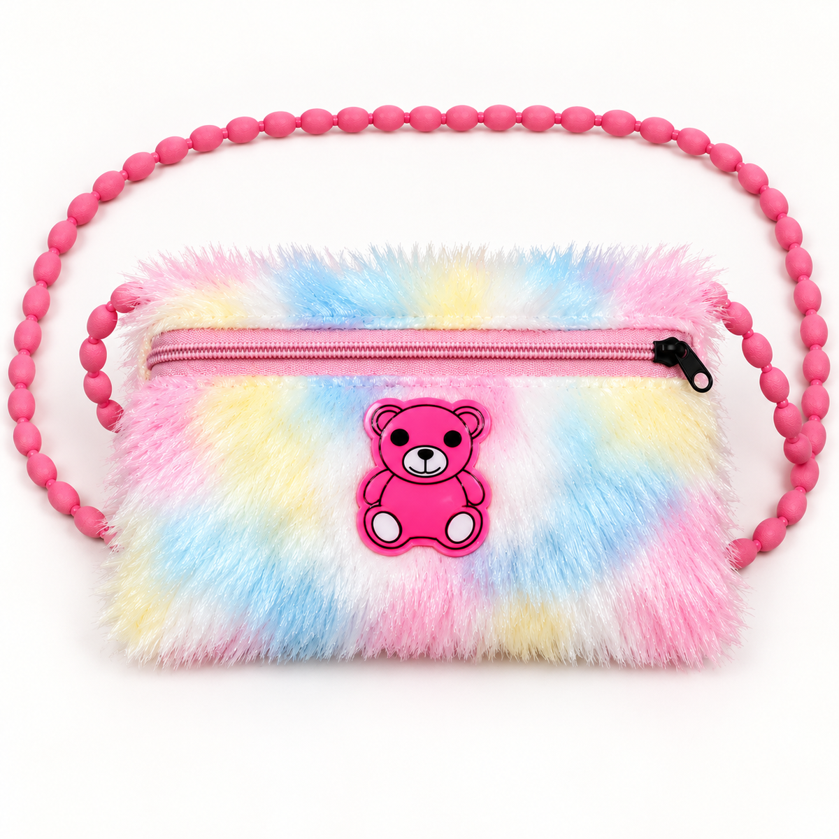 Front view of a pastel pink, blue, yellow and white shoulder pouch with a fuzzy texture, bright pink teddy bear ornament, pink zipper and beaded strap.