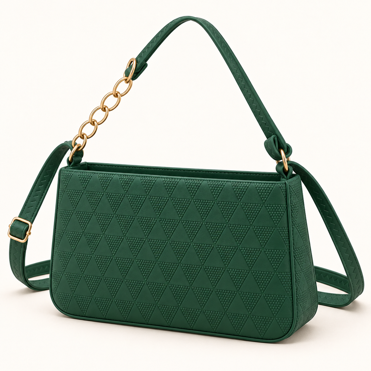 Green shoulder bag in three-quarter view, displaying a textured triangle pattern across the front and side, piped edges and gold-tone strap hardware.