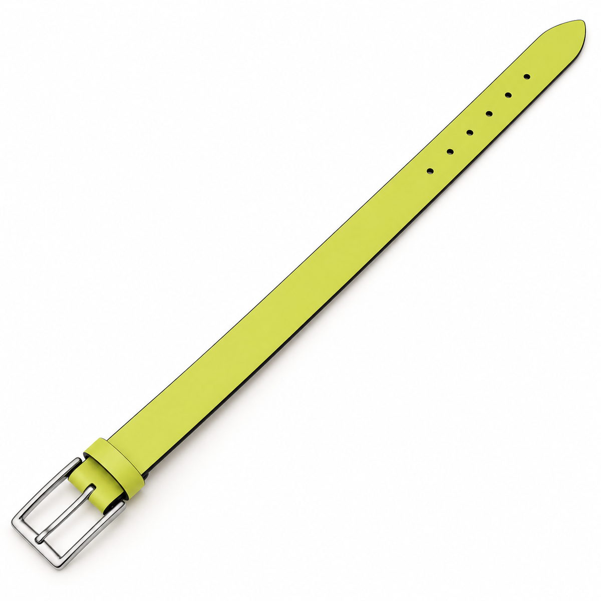 Full-length overhead view of a neon yellow belt laid diagonally, showing black edges, round adjustment holes, a matching keeper and silver-tone pin buckle.