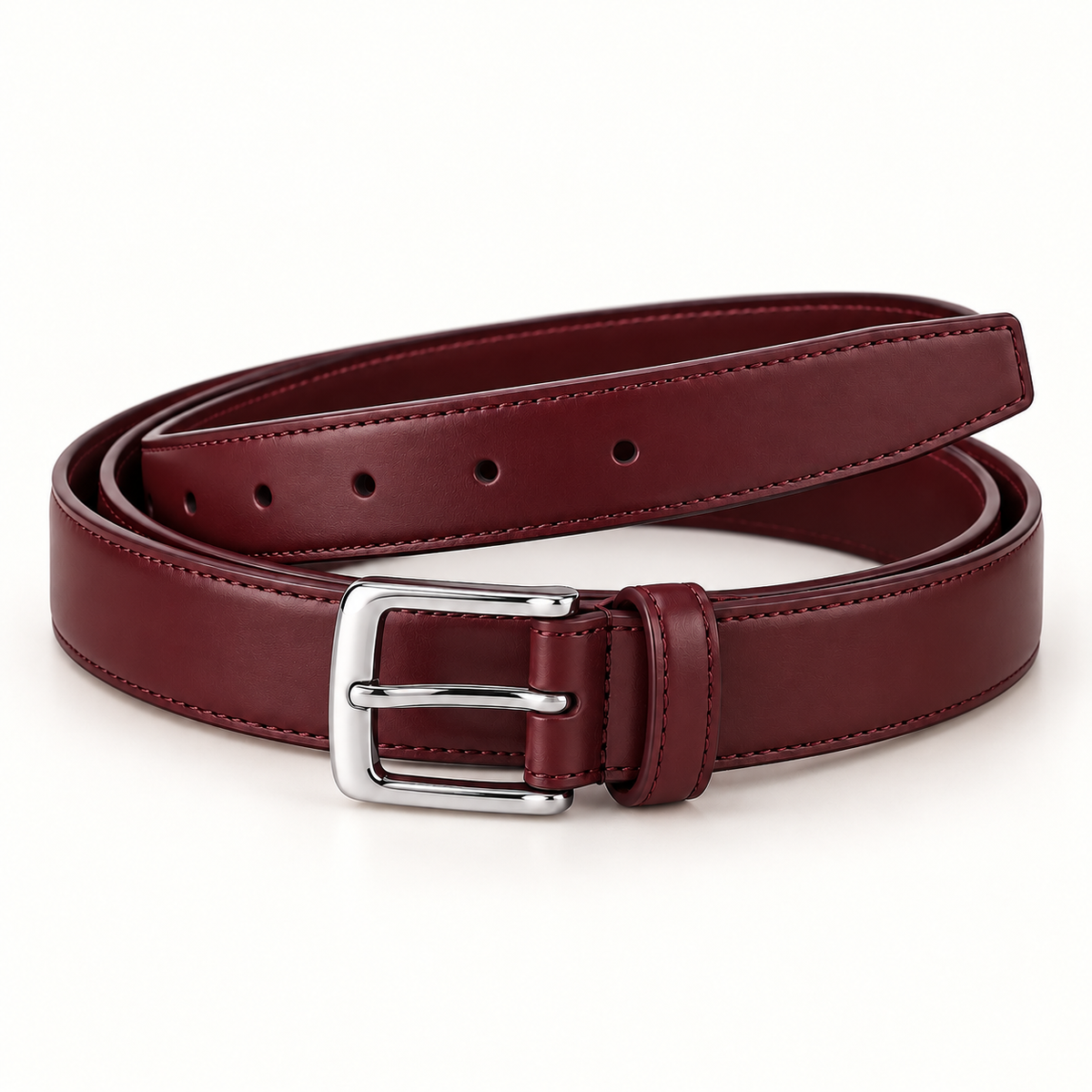 Burgundy belt in an angled coiled view, featuring a plain surface, matching edge stitching, round adjustment holes and a silver-tone pin buckle.