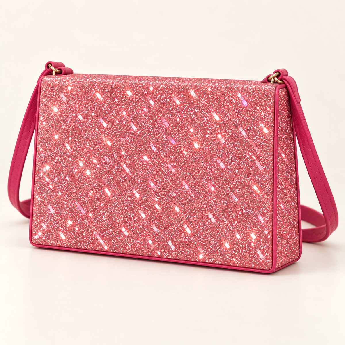 Three-quarter view of a hot pink rectangular women's sling bag showing the sparkling glitter front panel, structured side and matching shoulder strap