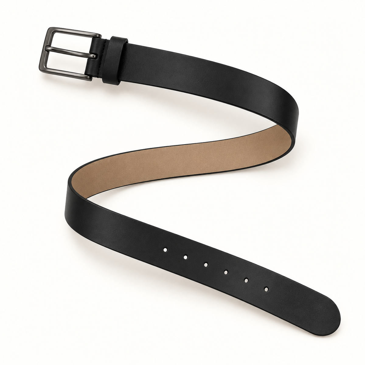 Black belt arranged in an S-shaped overhead view, displaying tan backing, a rounded tip, round adjustment holes and a gunmetal-tone rectangular buckle.
