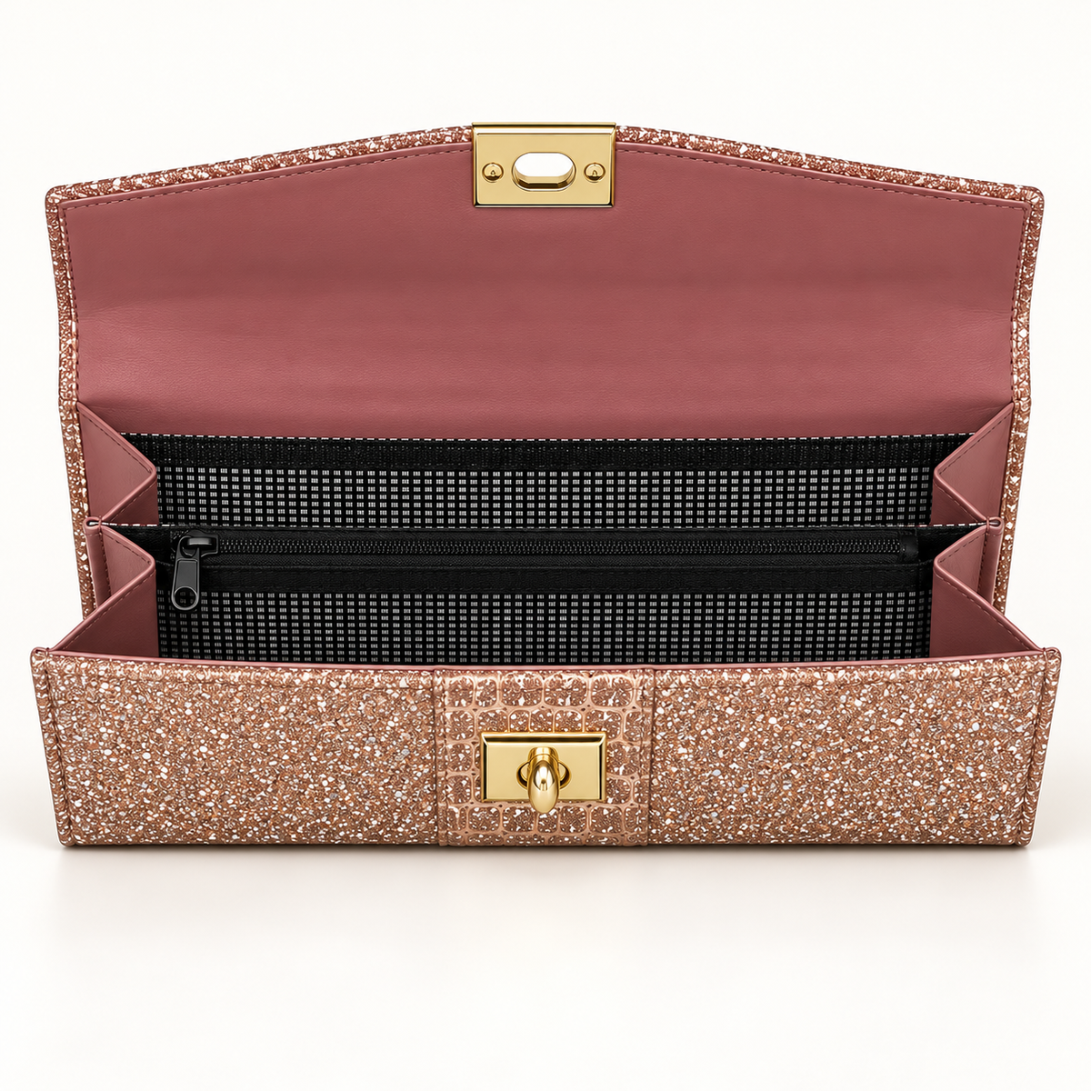 Open rose gold glitter clutch viewed from above, showing a pink inner flap, black and white patterned lining, central zippered section and folded sides.
