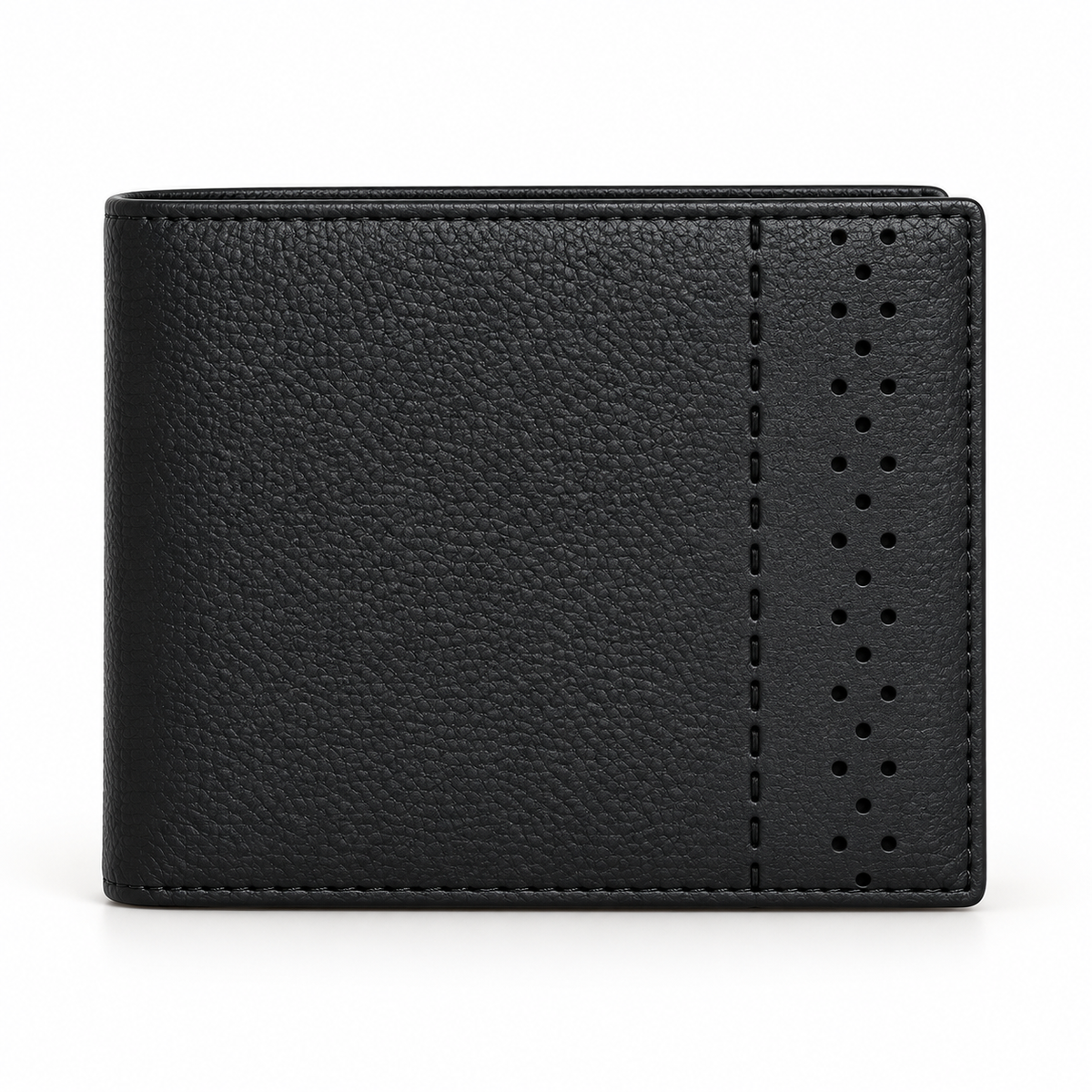 Front view of a black bifold wallet with a pebbled texture, rows of round perforations on a vertical side panel and matching stitched borders.