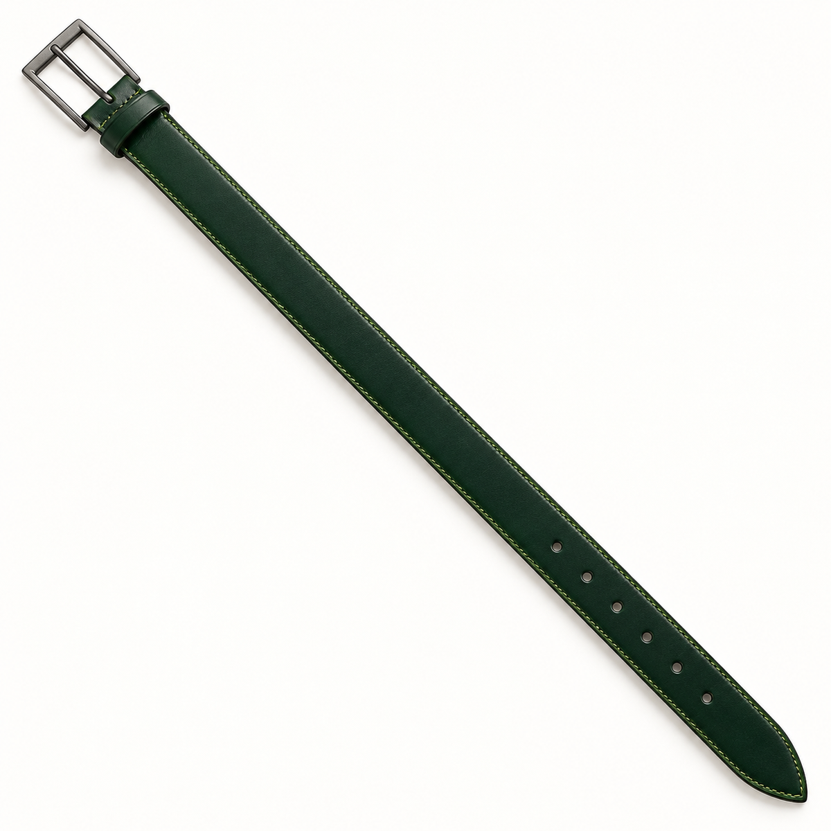 Dark green belt laid straight diagonally in an overhead full-length view, showing a rectangular pin buckle, contrast-stitched edges, round holes and pointed tip.