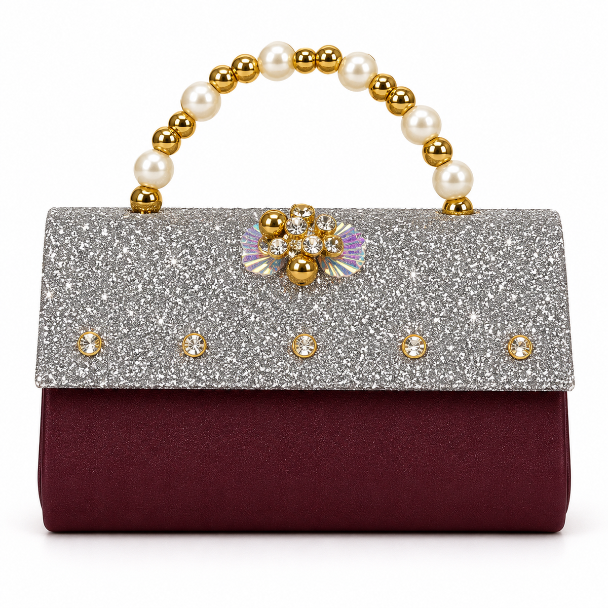 Burgundy evening handbag in front view with a silver glitter flap, clear stone accents, iridescent ornament and cream pearl-like and gold-tone bead handle.