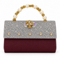 Burgundy evening handbag in front view with a silver glitter flap, clear stone accents, iridescent ornament and cream pearl-like and gold-tone bead handle.