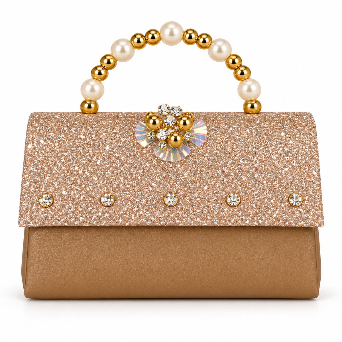 Tan top-handle evening bag shown from the front, featuring a gold glitter flap, clear stone details, iridescent centre ornament and cream beaded handle.