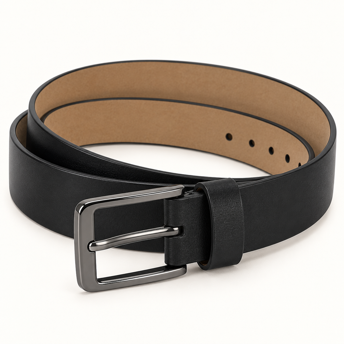 Coiled black belt viewed at an angle, showing a fine-textured surface, tan inner face, black keeper loop and rectangular gunmetal-tone single-prong buckle.